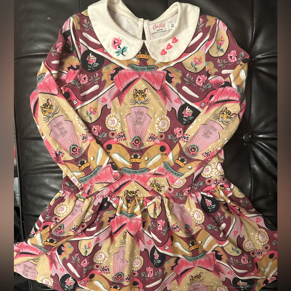 Cath Kids London Colorful Cat Print Dress with White Collar London Babydoll